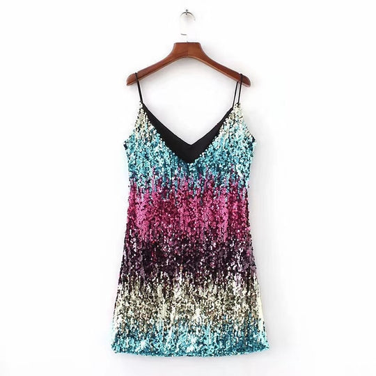 Damen Pailletten Kleid mit tiefem Ausschnitt und Spaghettiträgern Heidi-Mode
