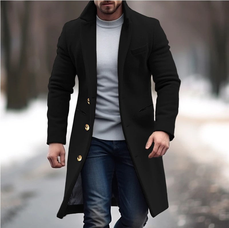 Herren eleganter Wollmantel mit schmalem Schnitt und goldenen Knöpfen Heidi-Mode