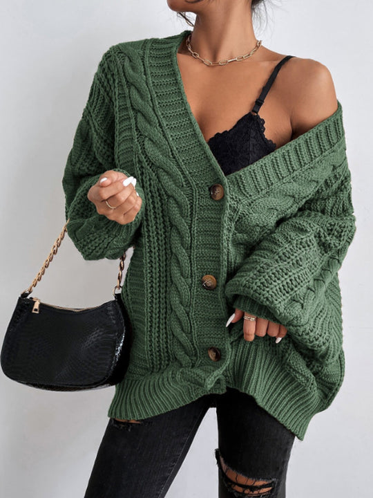 Damen Grobstrick Cardigan mit weiten Ärmeln und Knopfdetails Heidi-Mode