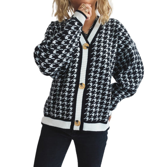 Damen lässiger Strickcardigan mit modischem Hahnentritt-Muster und Holzknöpfen Heidi-Mode