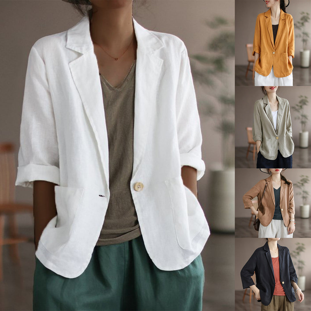 Damen Lässiger Leinenblazer mit breiten Ärmeln und Knopfverschluss Heidi-Mode