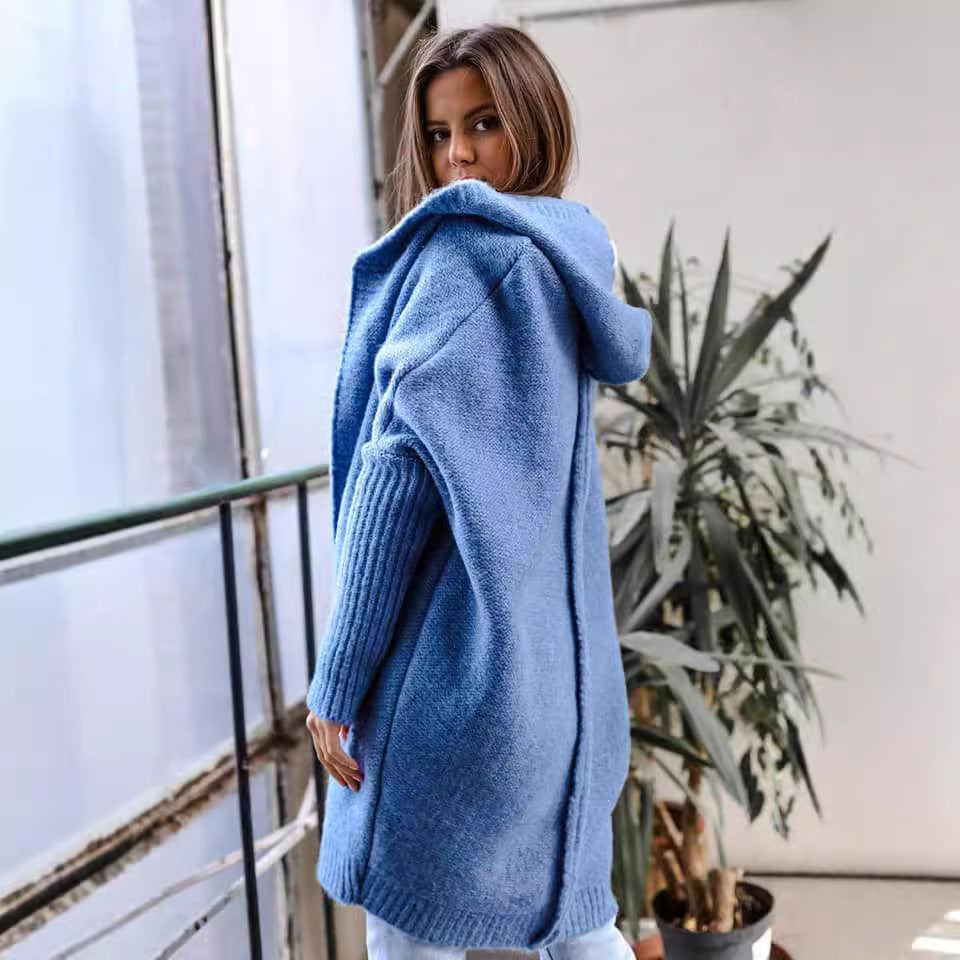 Damen kuschelige Strickjacke mit Kapuze und offenem Schnitt Heidi-Mode