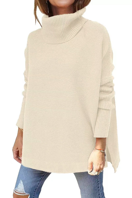 Damen Strickpullover mit hohem Kragen und seitlichen Schlitzen Heidi-Mode
