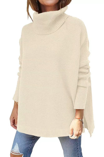 Damen Strickpullover mit hohem Kragen und seitlichen Schlitzen Heidi-Mode