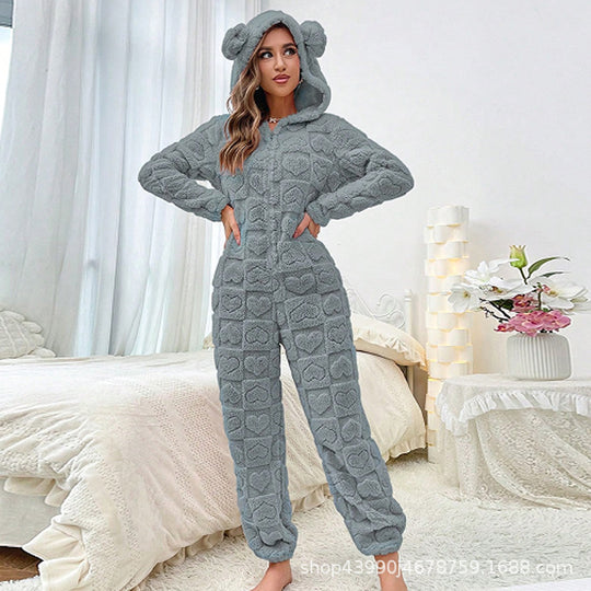 Damen Gemütlicher Fleece-Overall mit Kapuze Heidi-Mode