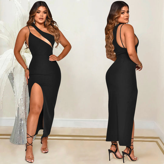 Damen Körperbetontes maxi Kleid mit asymmetrischem Ausschnitt und hochseitlichem Schlitz Heidi-Mode