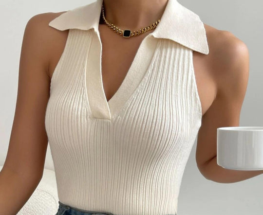 Damen Ärmelloses Strickoberteil mit modischem Kragen und Rippstruktur Heidi-Mode