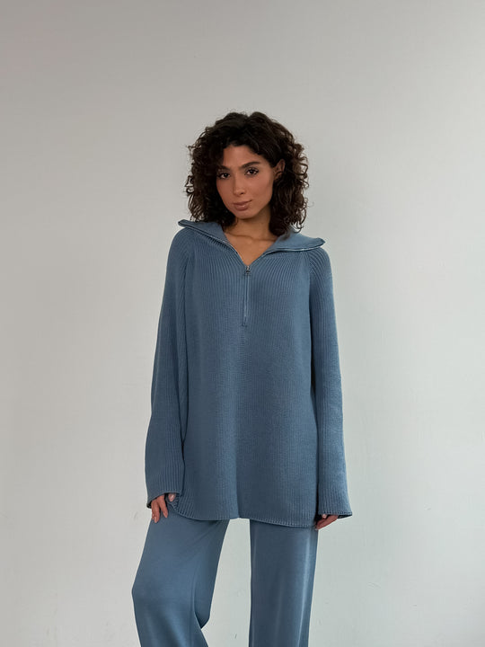 Damen lässiger Strickpullover mit Kapuze und modernem Reißverschluss Heidi-Mode