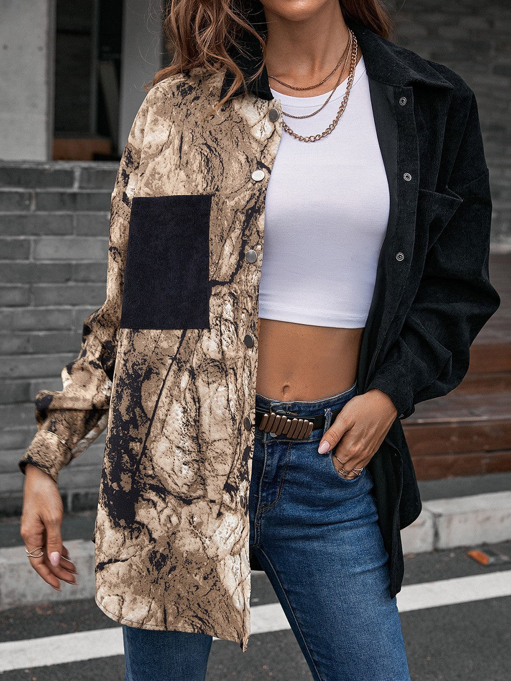 Damen Modische Jacke im Patchwork-Stil mit Druckknopfverschluss und Baumwollmaterial Heidi-Mode