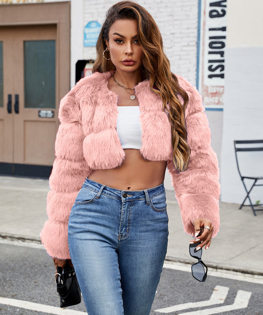 Damen Flauschige Kurzmantel aus Kunstfell mit puffartigen Ärmeln Heidi-Mode