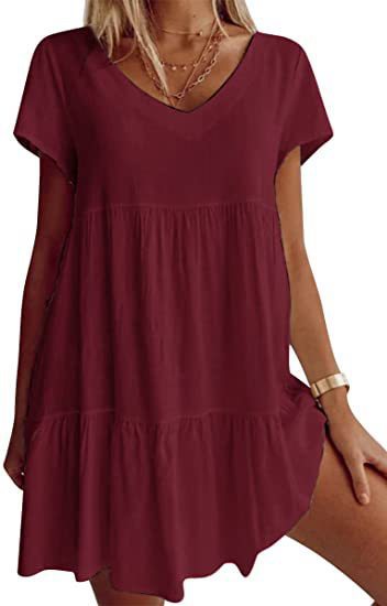 Damen lässiges und leichtes Sommerkleid mit V-Ausschnitt und voluminösem Rock Heidi-Mode