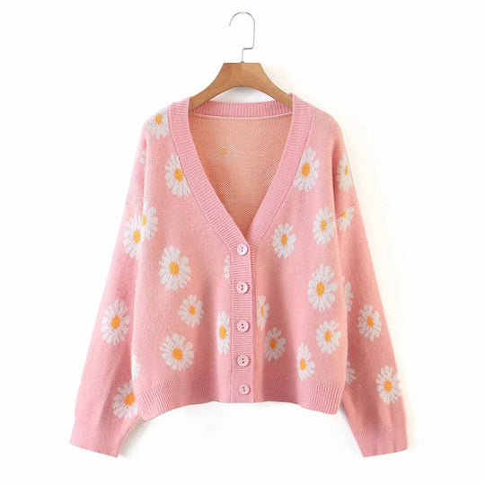 Damen Strickjacke mit Blumenmuster und V-Ausschnitt Heidi-Mode