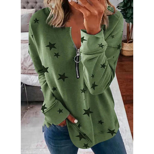 Damen Lässiger Sweatshirt mit Reißverschluss und Sternenmotiv Heidi-Mode