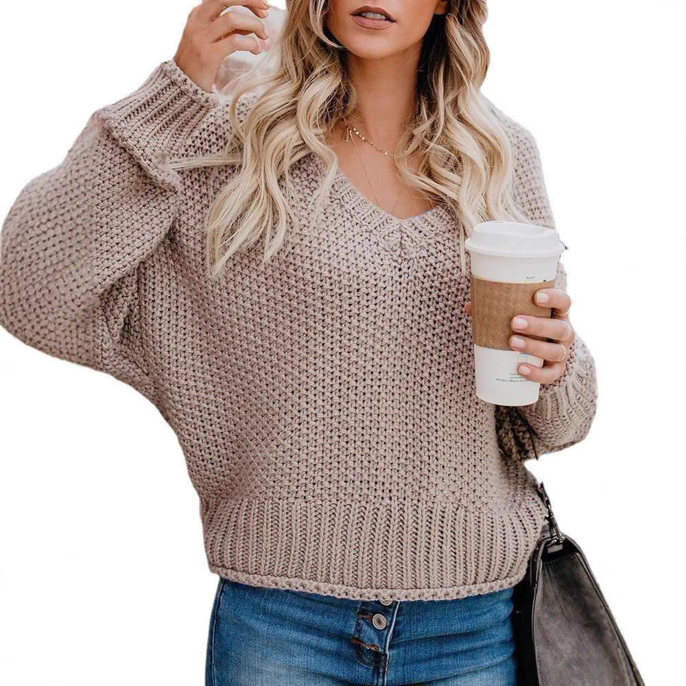 Damen lässiger Strickpullover mit V-Ausschnitt und weitem Schnitt Heidi-Mode