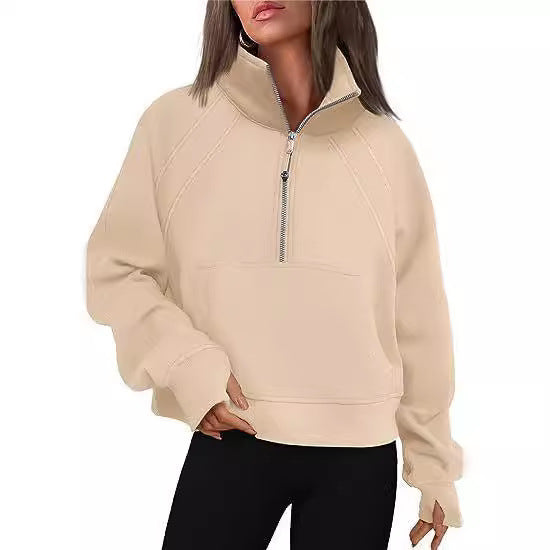 Damen kuscheliger Half-Zip Pullover mit Kapuze und Kängurutasche Heidi-Mode