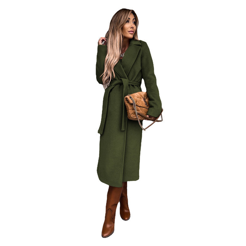 Damen eleganter langes Wollmantel mit Bindegürtel und klassischem Revers Heidi-Mode