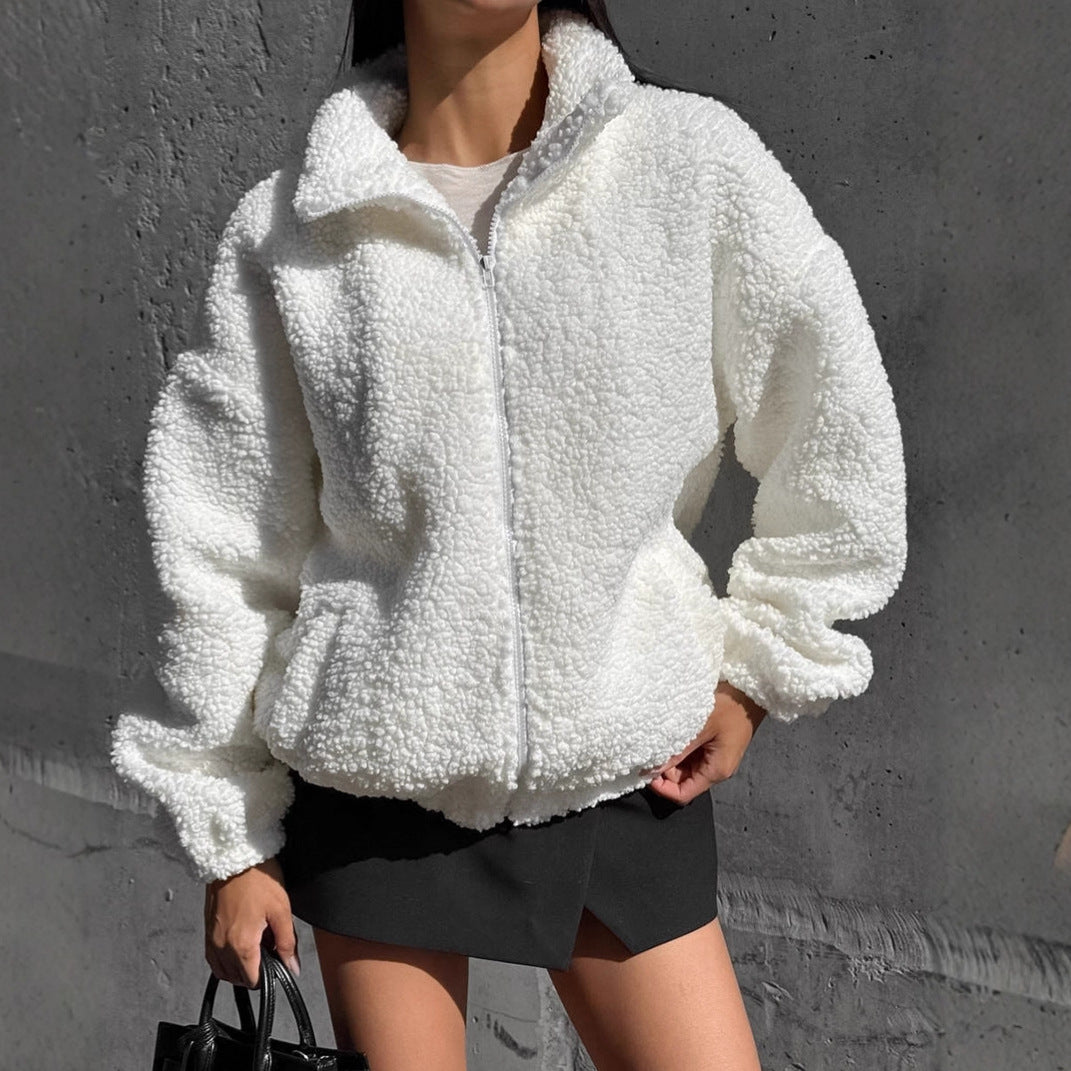 Damen Teddyjacke mit hohem Kragen und voluminösen Ärmeln Heidi-Mode