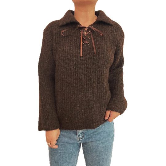 Damen lässiger Strickpullover mit dekorativem Schnürdetail und breiten Ärmel Heidi-Mode