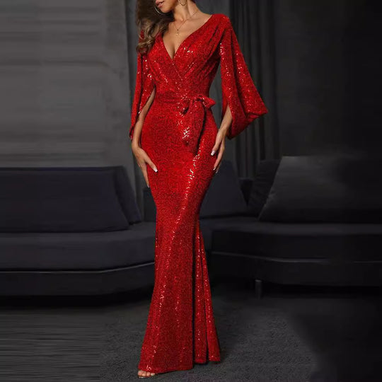 Damen Glamouröses Abendkleid mit schimmernden Pailletten und voluminösen Ärmeln Heidi-Mode