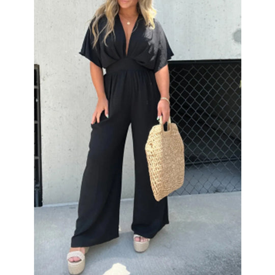 Damen eleganter Overall mit weitem Bein und tiefem V-Ausschnitt Heidi-Mode