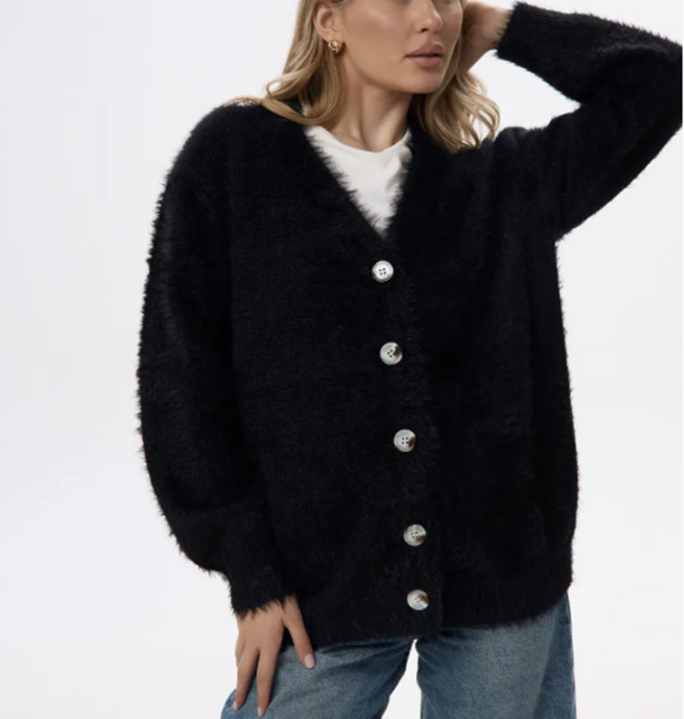 Damen Flauschiger Cardigan mit Perlknöpfen und lockerer Passform Heidi-Mode