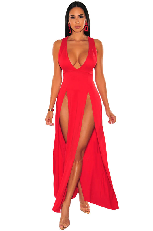 Damen Elegantes Maxikleid mit tiefem V-Ausschnitt und seitlichen Schlitzen Heidi-Mode