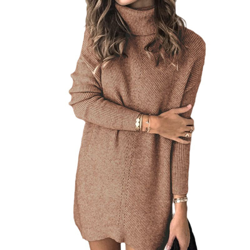 Damen Strickkleid mit hohem Kragen und strukturiertem Design Heidi-Mode