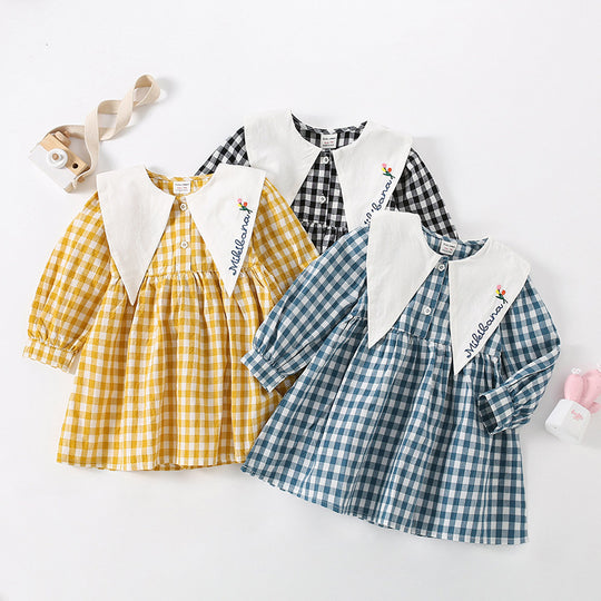 Mädchen Gingham Karierte Kleid mit Eleganter Peter Pan Kragen Heidi-Mode