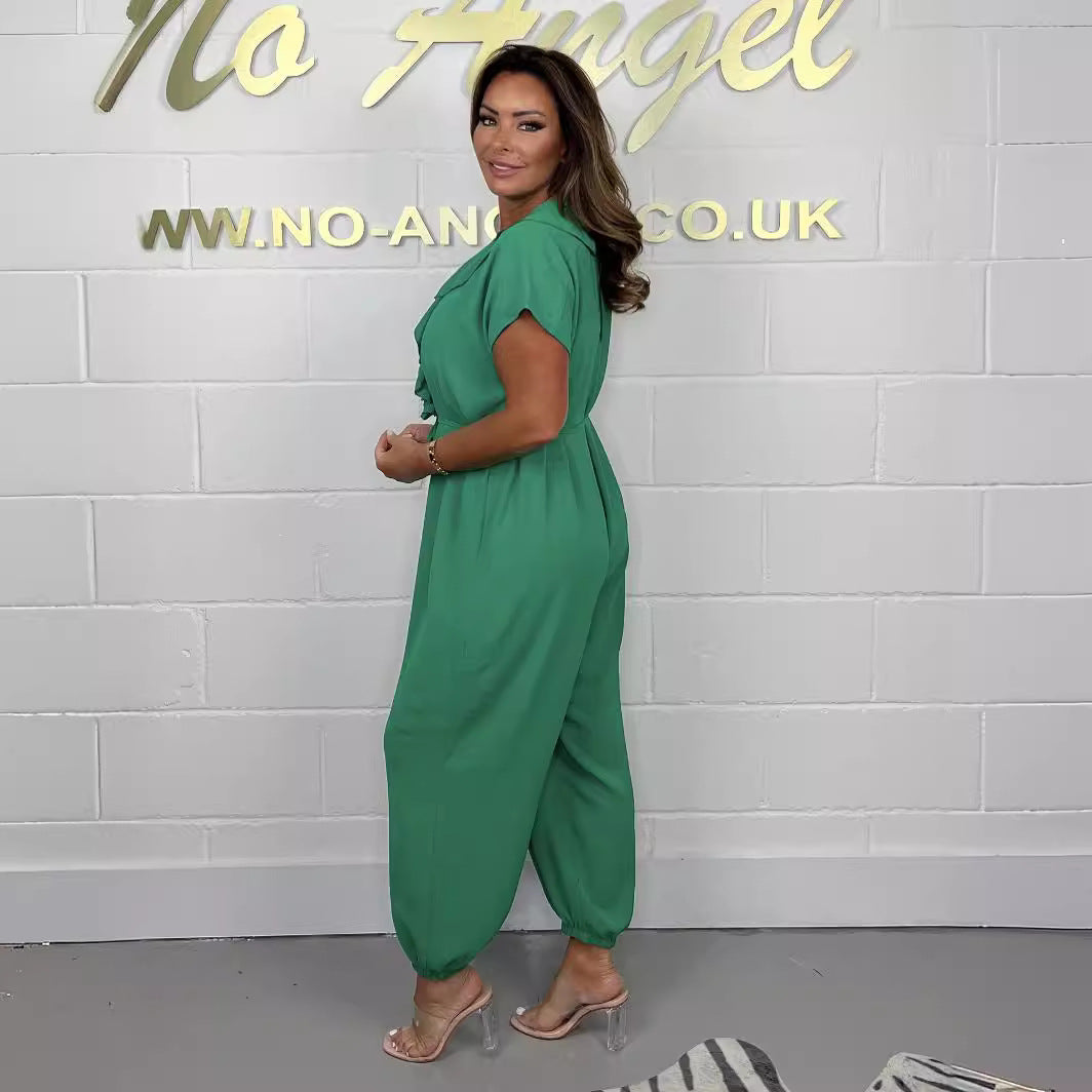 Damen Jumpsuit mit Rüschendetails und Bindegürtel Heidi-Mode