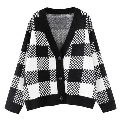 Damen Grobstrick Cardigan mit kontrastierendem Karomuster und Knopfdetails Heidi-Mode