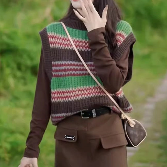 Damen lässiger Strickoversize-Pullover mit buntem Streifenmuster und ärmellosem Design Heidi-Mode