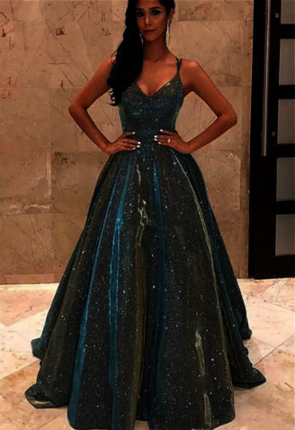 Heidi-Mode | Damen Spaghettiträger V-Ausschnitt A-Linie Glitzer Maxikleid