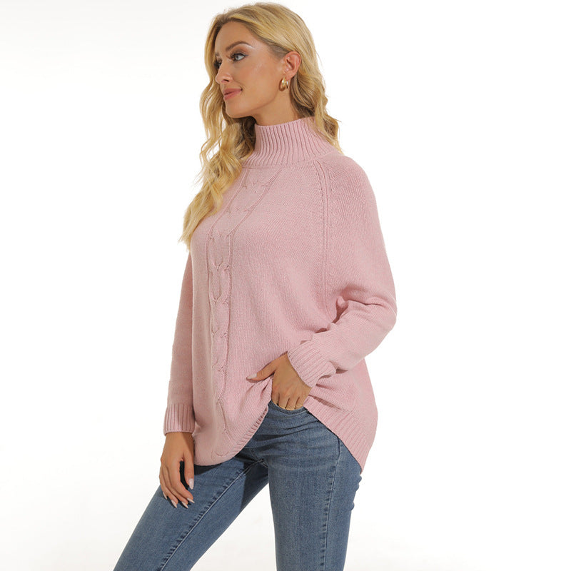 Damen gemütlicher Strickpullover mit hochgeschlossenem Kragen und modischem Zopfmuster Heidi-Mode
