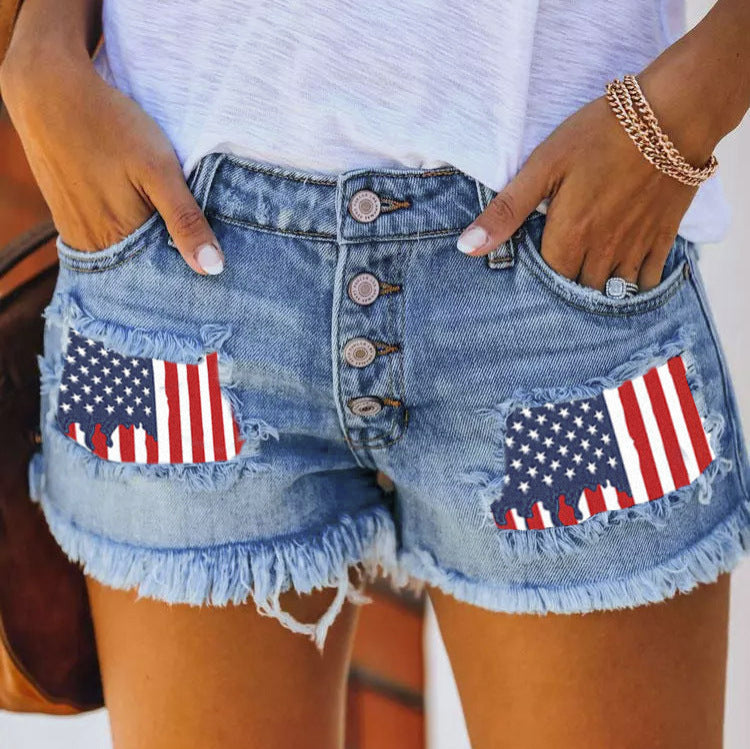 Damen Jeansshorts im Coolen USA-Design mit ausgefranstem Saum Heidi-Mode