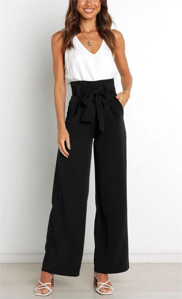 Damen Weit geschnittene High-Waist-Hose mit Binde-Gürtel und Taschen Heidi-Mode