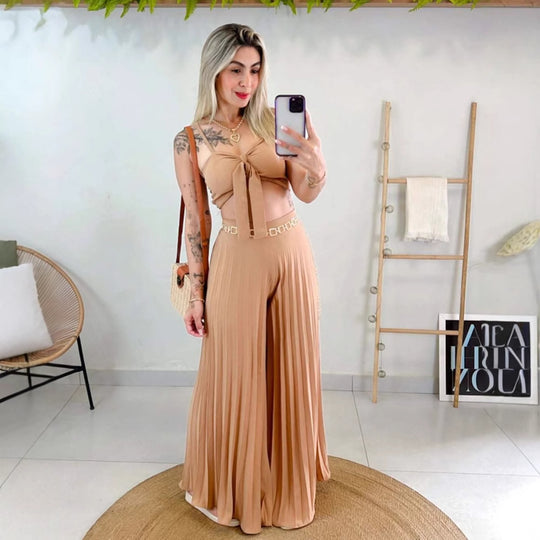 Damen Plissierte weite Hose mit Bindegürtel Heidi-Mode