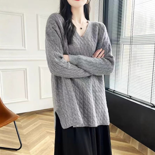 Damen Grobstrickpullover mit V-Ausschnitt und lässigem Schnitt Heidi-Mode