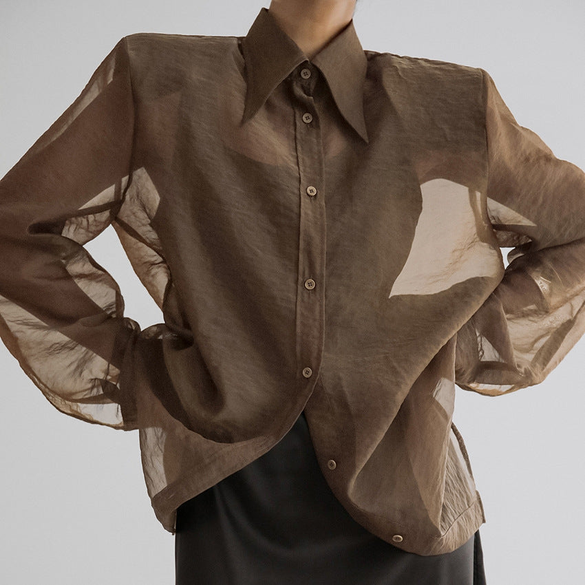 Damen Übergröße Hemdbluse mit asymmetrischem Design und transparenten Ärmeln Heidi-Mode