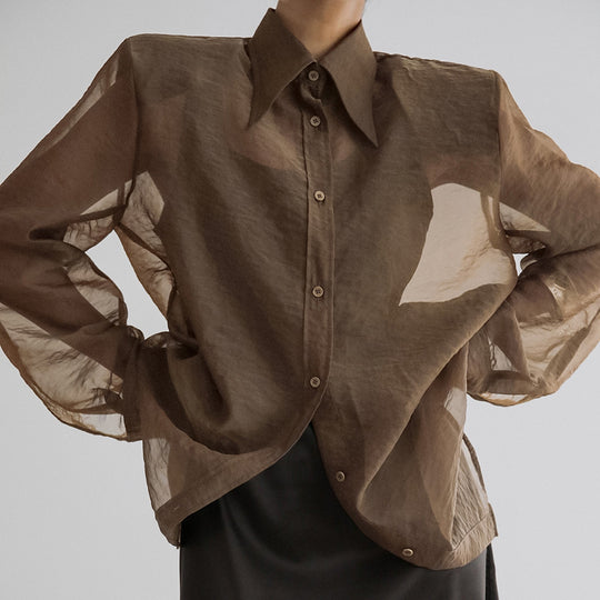 Damen Übergröße Hemdbluse mit asymmetrischem Design und transparenten Ärmeln Heidi-Mode