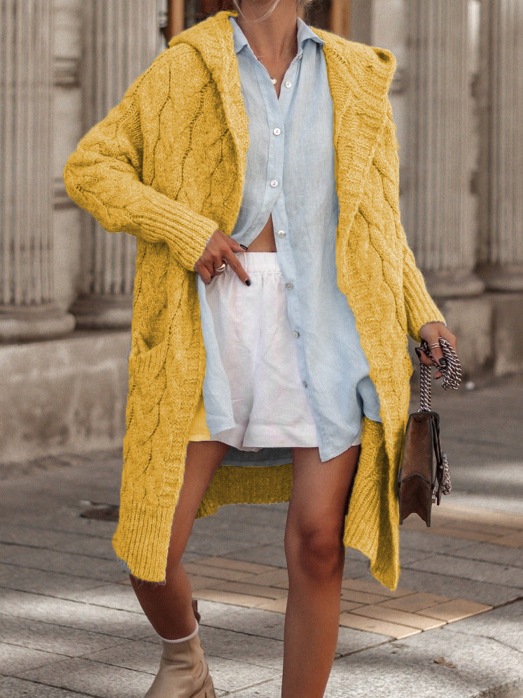 Damen Grobstrick-Cardigan mit offenem Schnitt und Kapuze Heidi-Mode