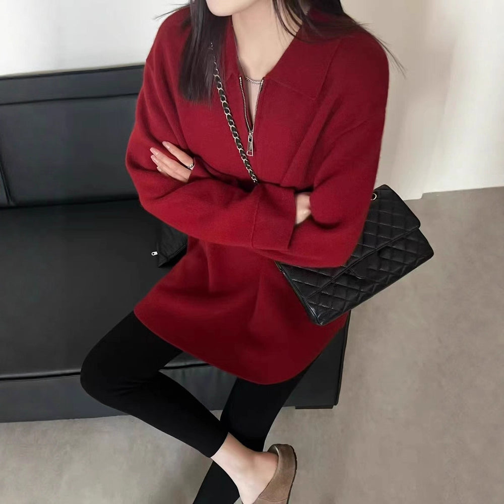 Damen Modischer Pullover mit Reißverschluss und Kragen Heidi-Mode