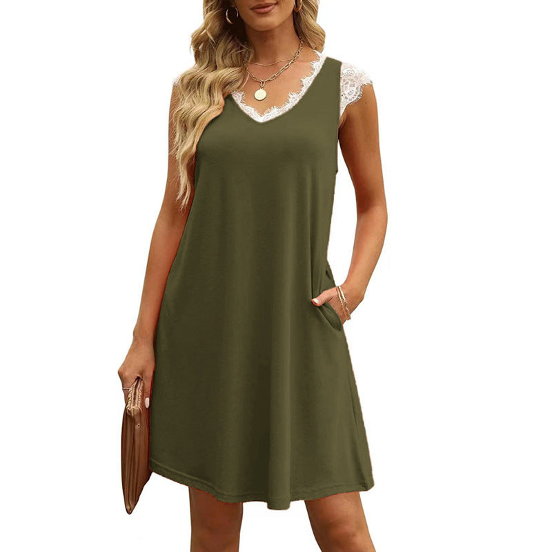 Damen ärmelloses Kleid mit Spitzendetail und seitlichen Taschen Heidi-Mode