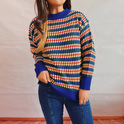 Damen lässiger Strickpullover mit buntem Rautenmuster und Rundhalsausschnitt Heidi-Mode