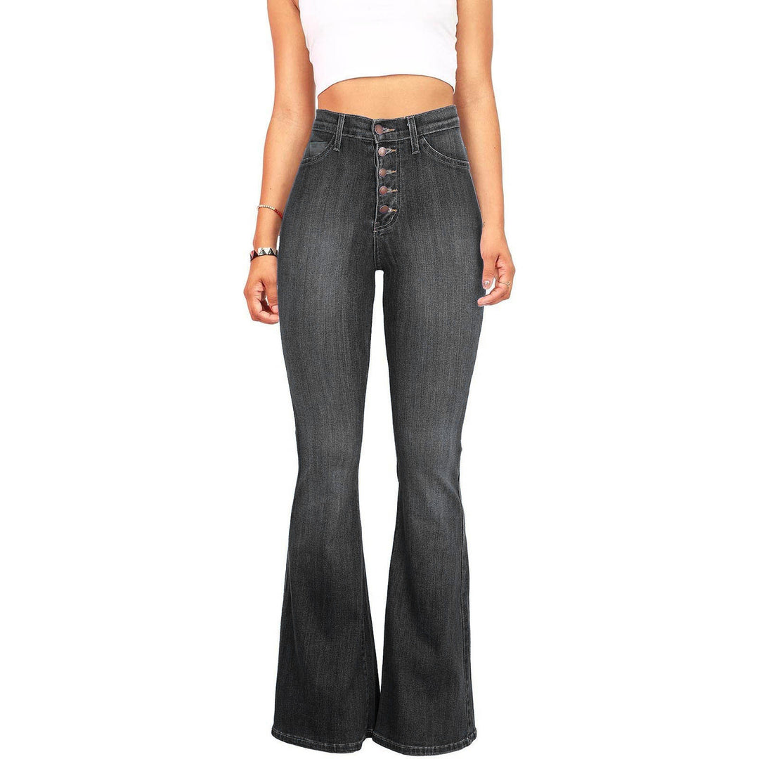 Damen Flared Jeans mit hohem Bund und dekorativer Knopfleiste Heidi-Mode