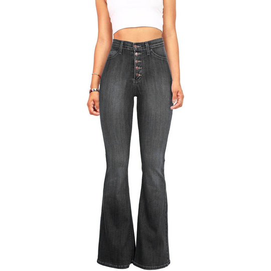 Damen Flared Jeans mit hohem Bund und dekorativer Knopfleiste Heidi-Mode