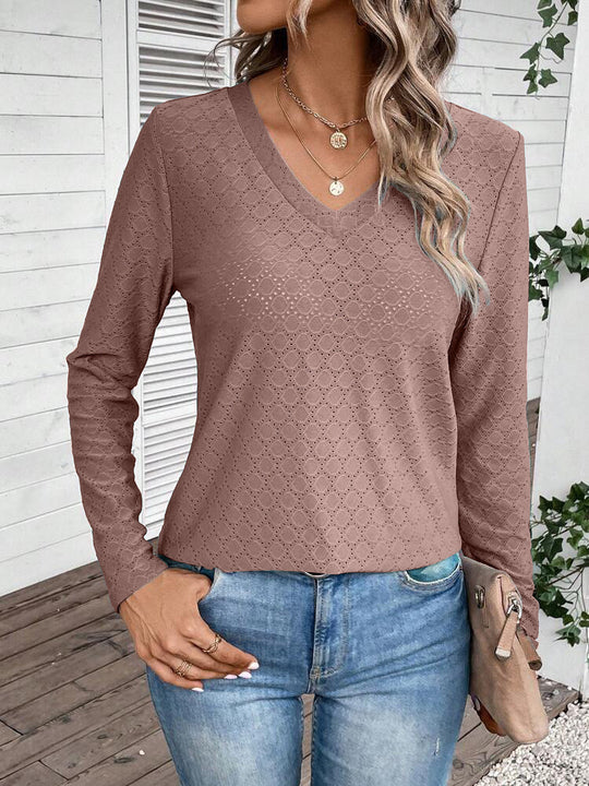 Damen V-Ausschnitt Bluse mit gewebtem Lochdesign und eleganten Ärmeln Heidi-Mode