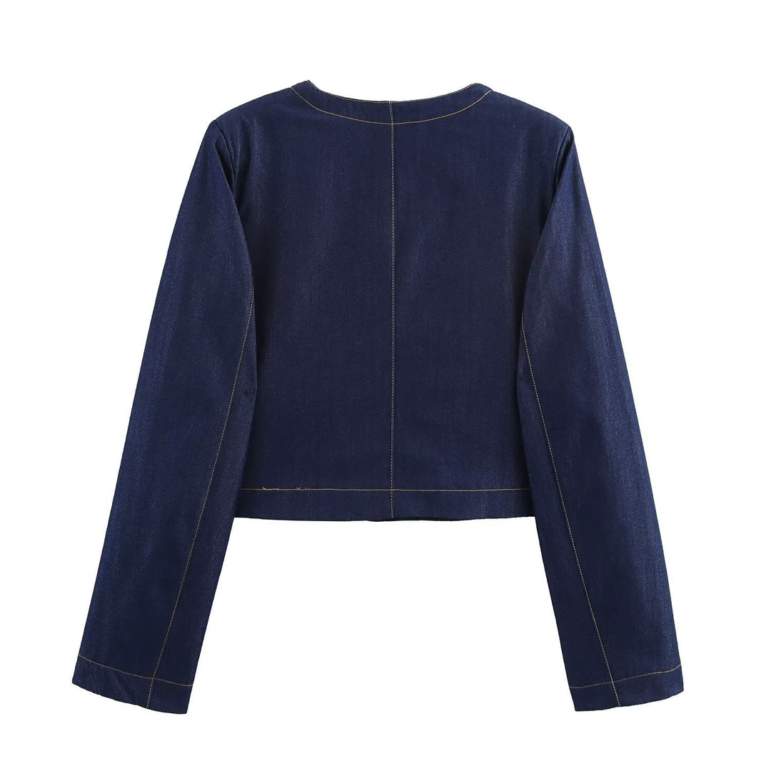 Damen cropped Jeansjacke mit aufgesetzten Taschen und eleganter Knopfdetails Heidi-Mode