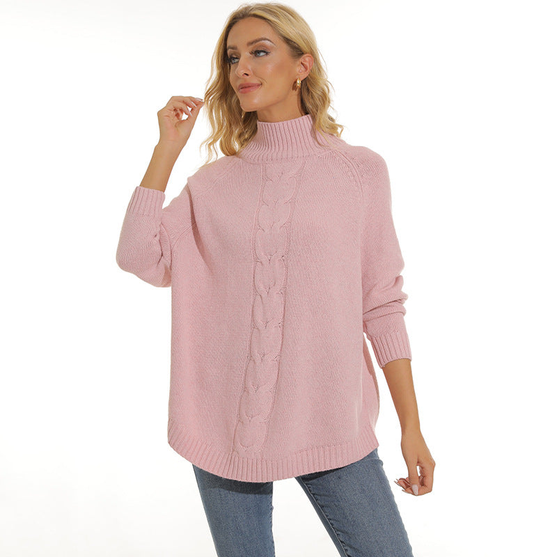 Damen gemütlicher Strickpullover mit hochgeschlossenem Kragen und modischem Zopfmuster Heidi-Mode
