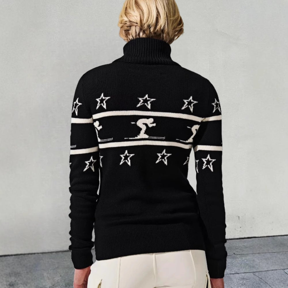 Damen Rollkragenpullover mit Skimotiv und Sternen Heidi-Mode