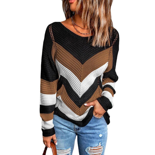 Damen Lässiger Strickpullover mit Chevron-Muster und luftigem Schnitt Heidi-Mode